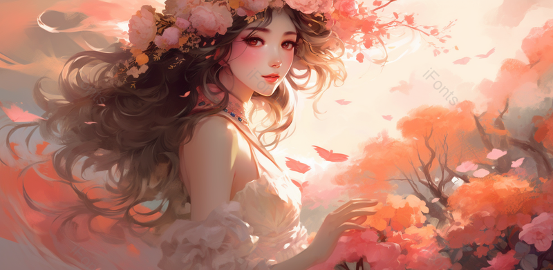 手绘卡通花中女子唯美背景,插画/手绘图,插画/手绘图库,插画/手绘图下载,插画/手绘